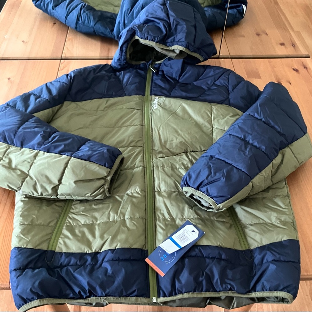 NWT Nautica Tempashphere Olive and Navy Colorblock Hooded Puffer Jacket XL